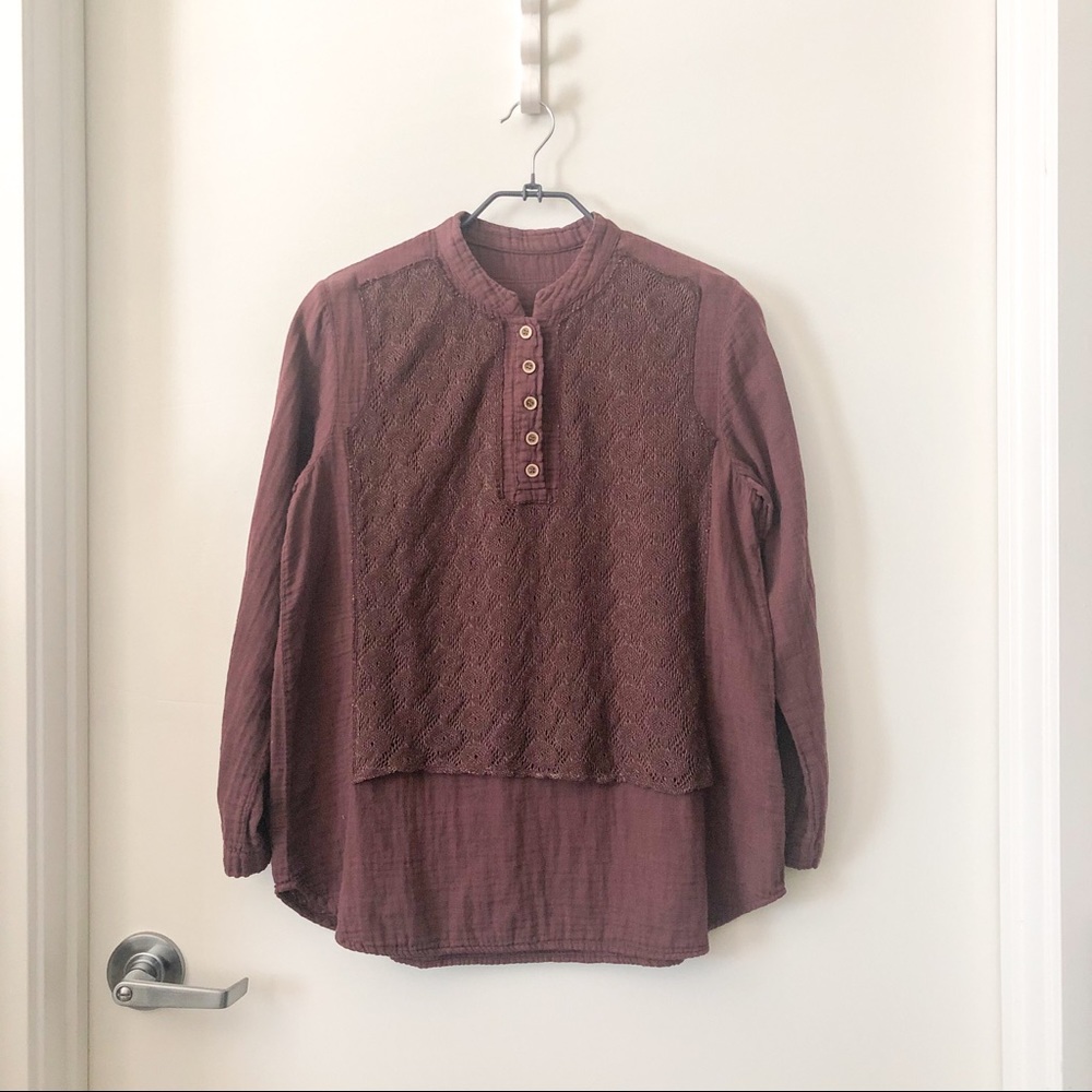 Double layered henley long sleeve top